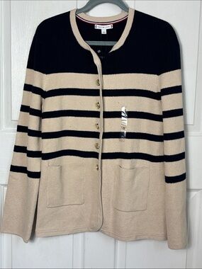 NEW Tommy Hilfiger Beige and Navy Striped Gold Crest Button Cardigan Size Medium